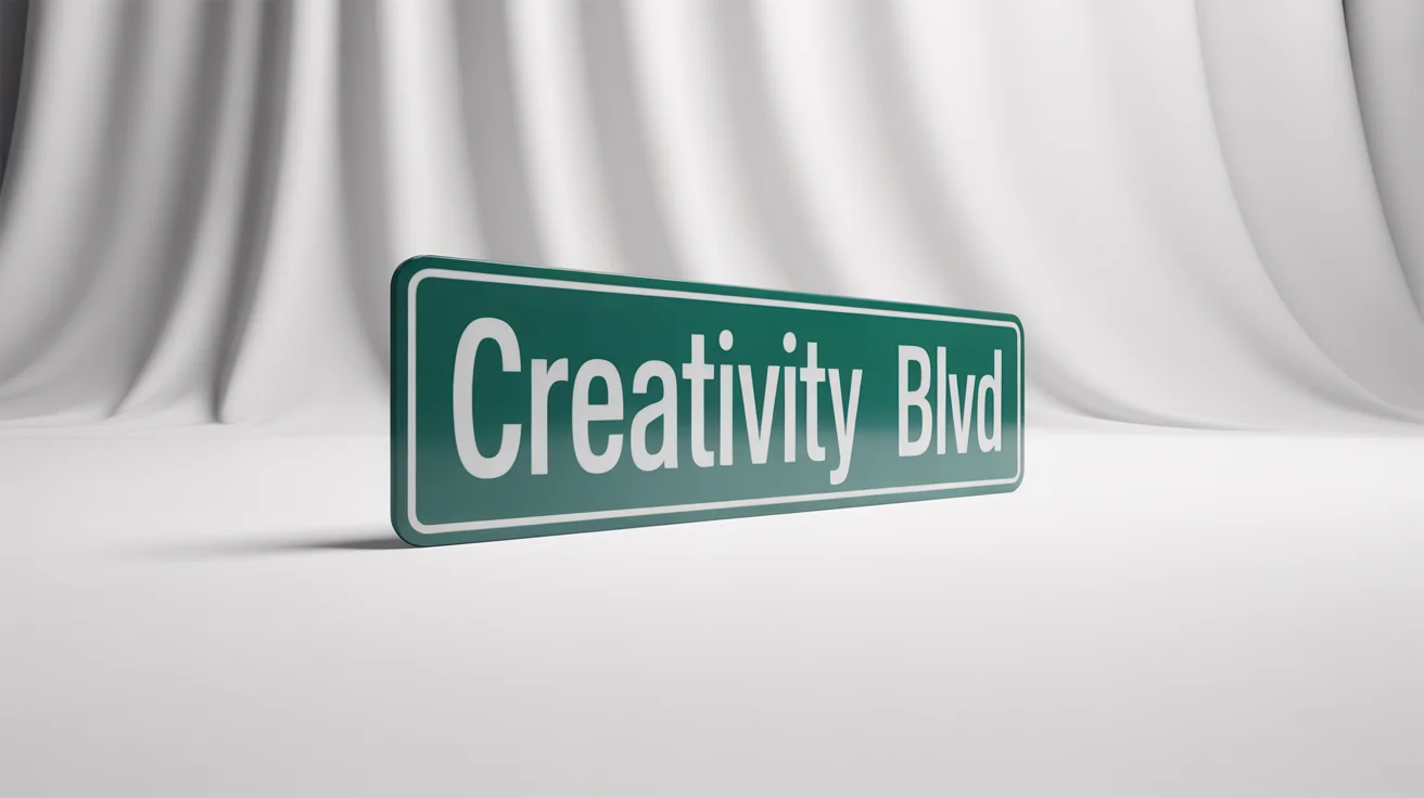 A custom dark green metal street sign with the text 'CREATIVITY BLVD' in white, shown as a product mockup on a clean white background.