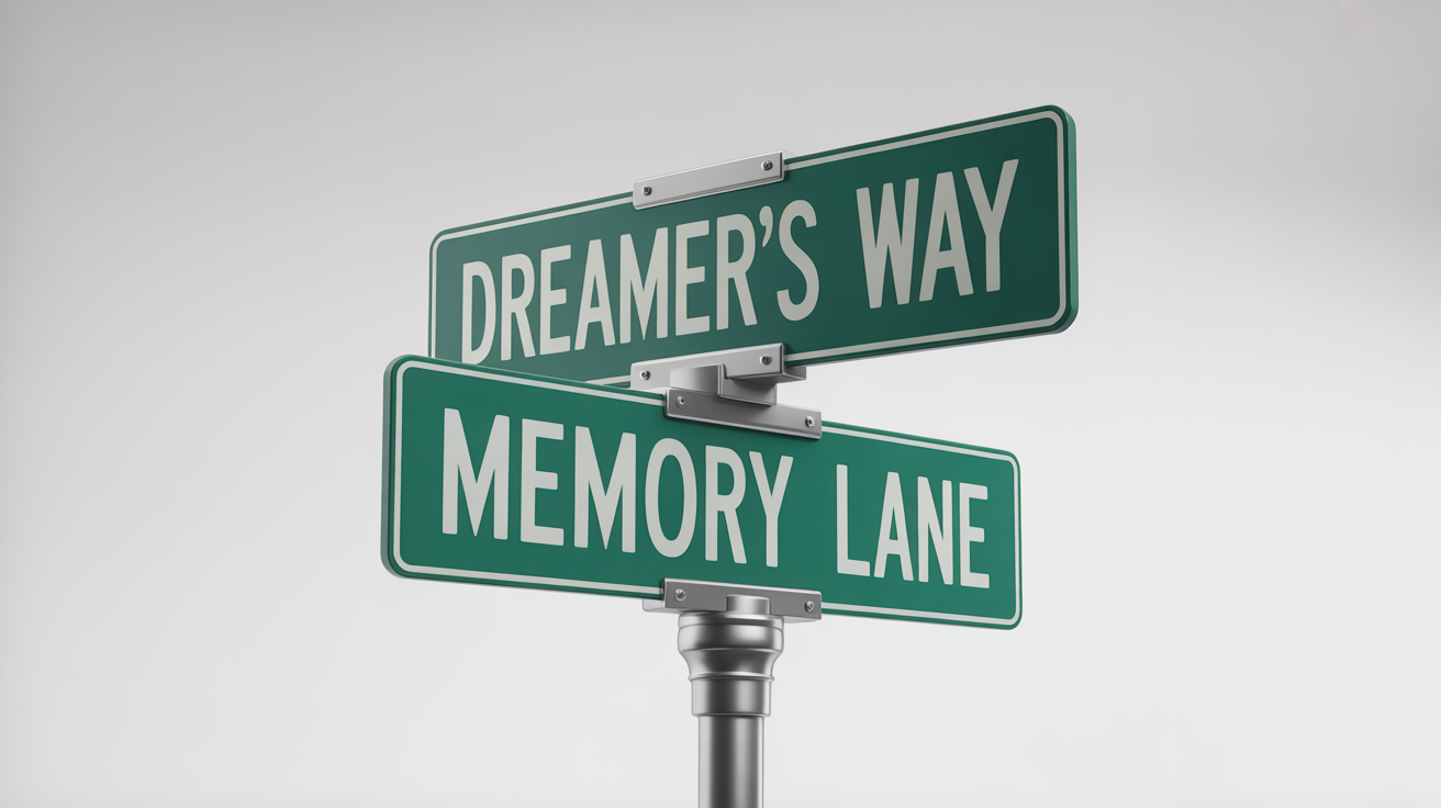 A photorealistic mockup of two custom green street signs on a metal pole against a white background. One sign reads 'DREAMER'S WAY' and the other reads 'MEMORY LANE'.