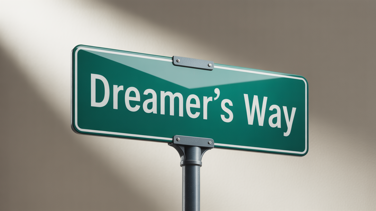 A photorealistic mockup of a custom dark green street sign mounted on a pole, with the text 'Dreamer's Way' written in white.