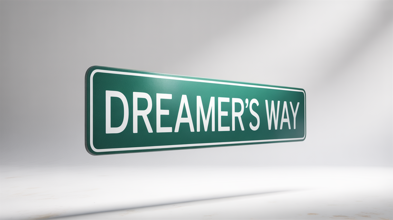 A custom, dark green metal street sign with white trim and the text 'DREAMER'S WAY' printed in white, presented as a product mockup on a clean white background.