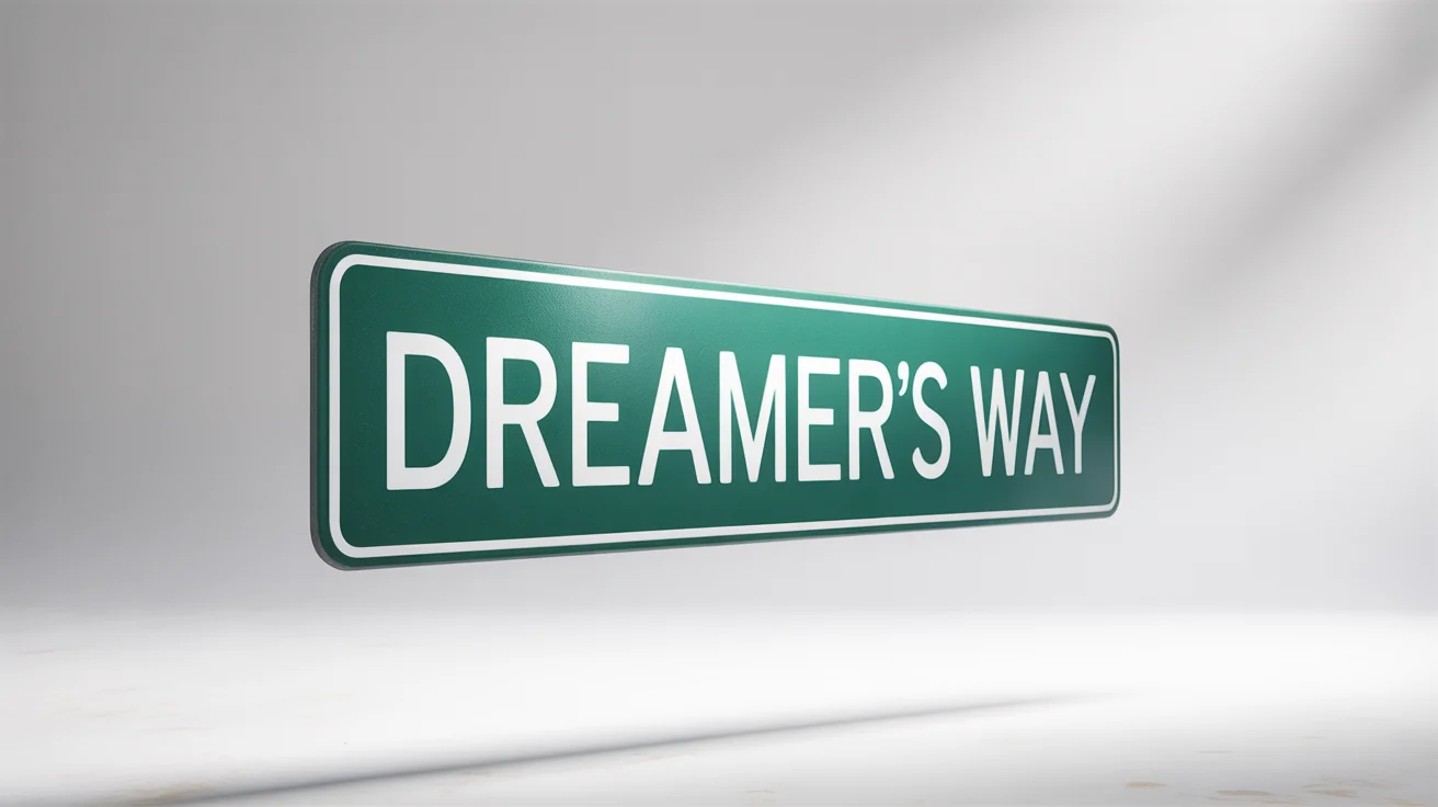 A custom, dark green metal street sign with white trim and the text 'DREAMER'S WAY' printed in white, presented as a product mockup on a clean white background.