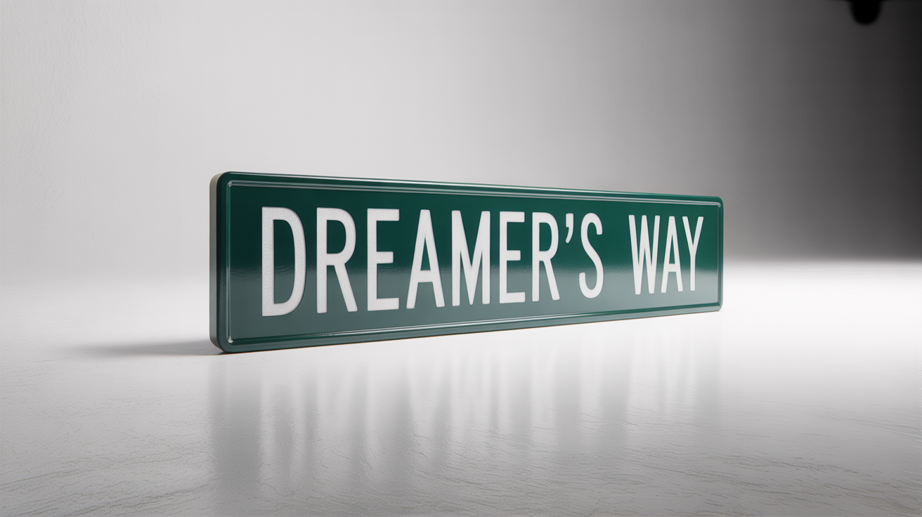 A professionally photographed custom street sign in dark green with white text that reads 'DREAMER'S WAY', set against a clean white background.
