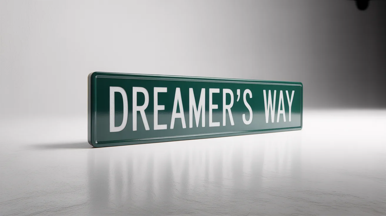 A professionally photographed custom street sign in dark green with white text that reads 'DREAMER'S WAY', set against a clean white background.