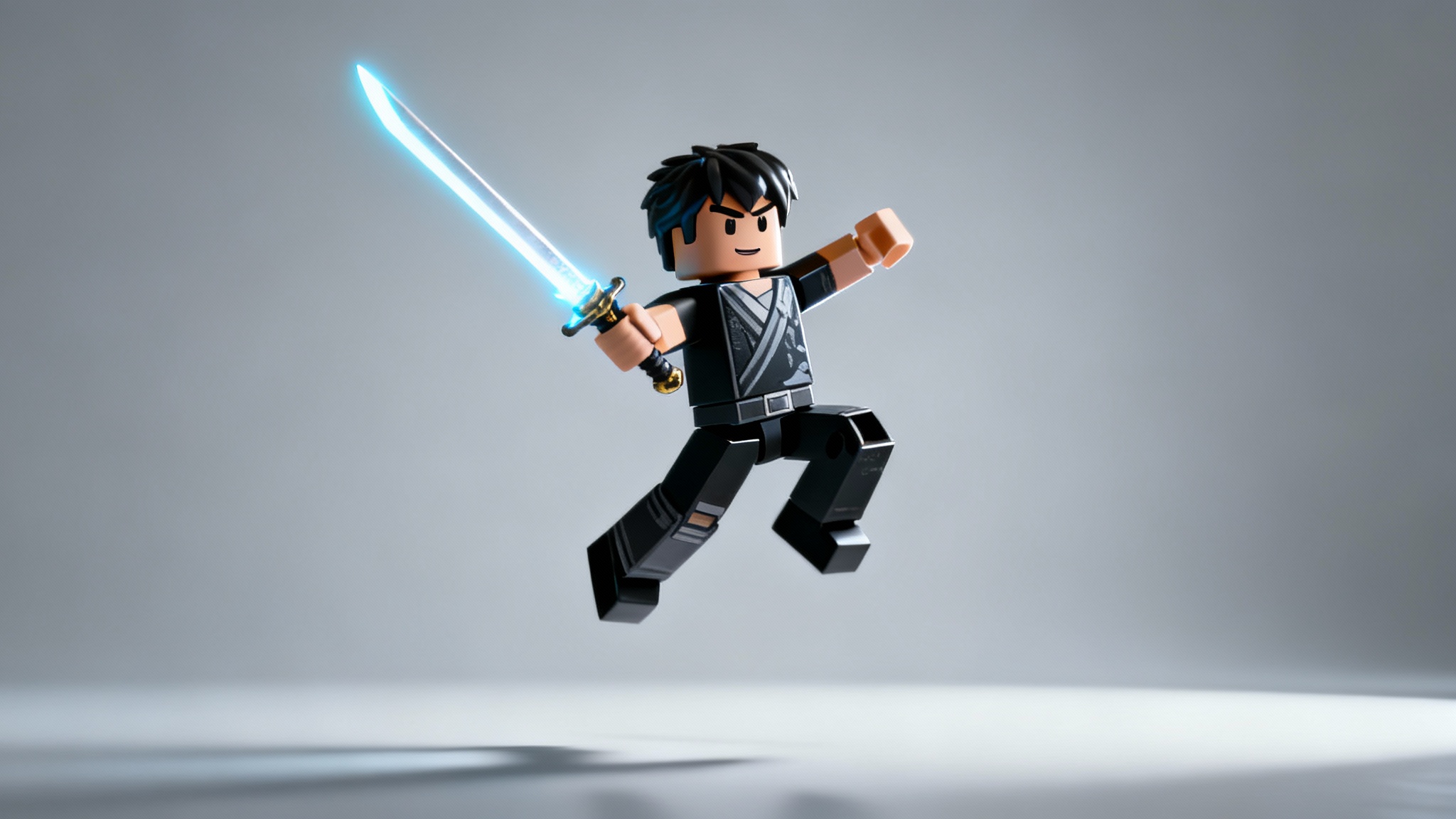 A professionally rendered hero image of a stylish Roblox avatar in a dynamic jumping pose with a glowing sword, set against a clean studio background, representing the final output of a Roblox pose tool.