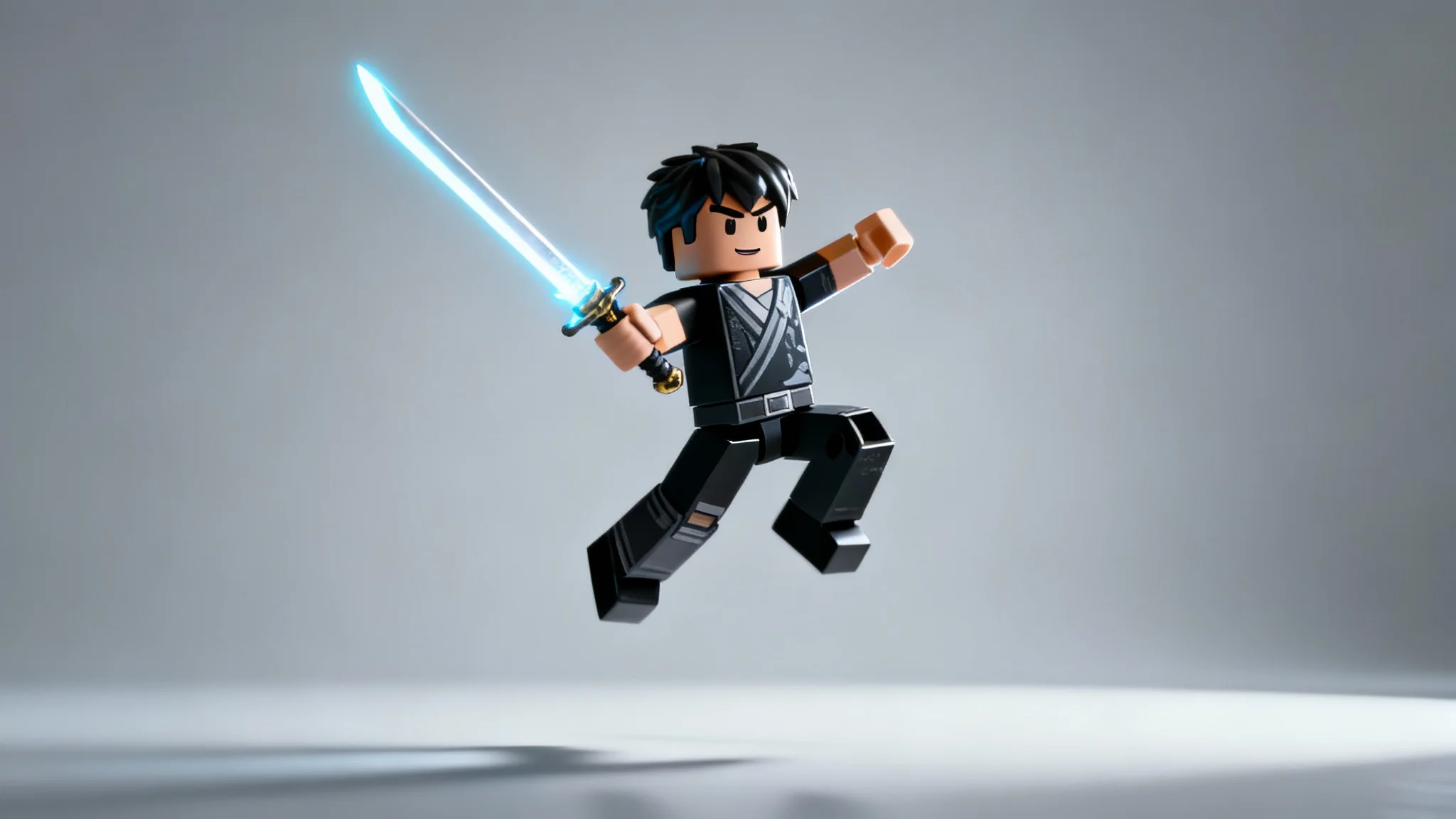 A professionally rendered hero image of a stylish Roblox avatar in a dynamic jumping pose with a glowing sword, set against a clean studio background, representing the final output of a Roblox pose tool.