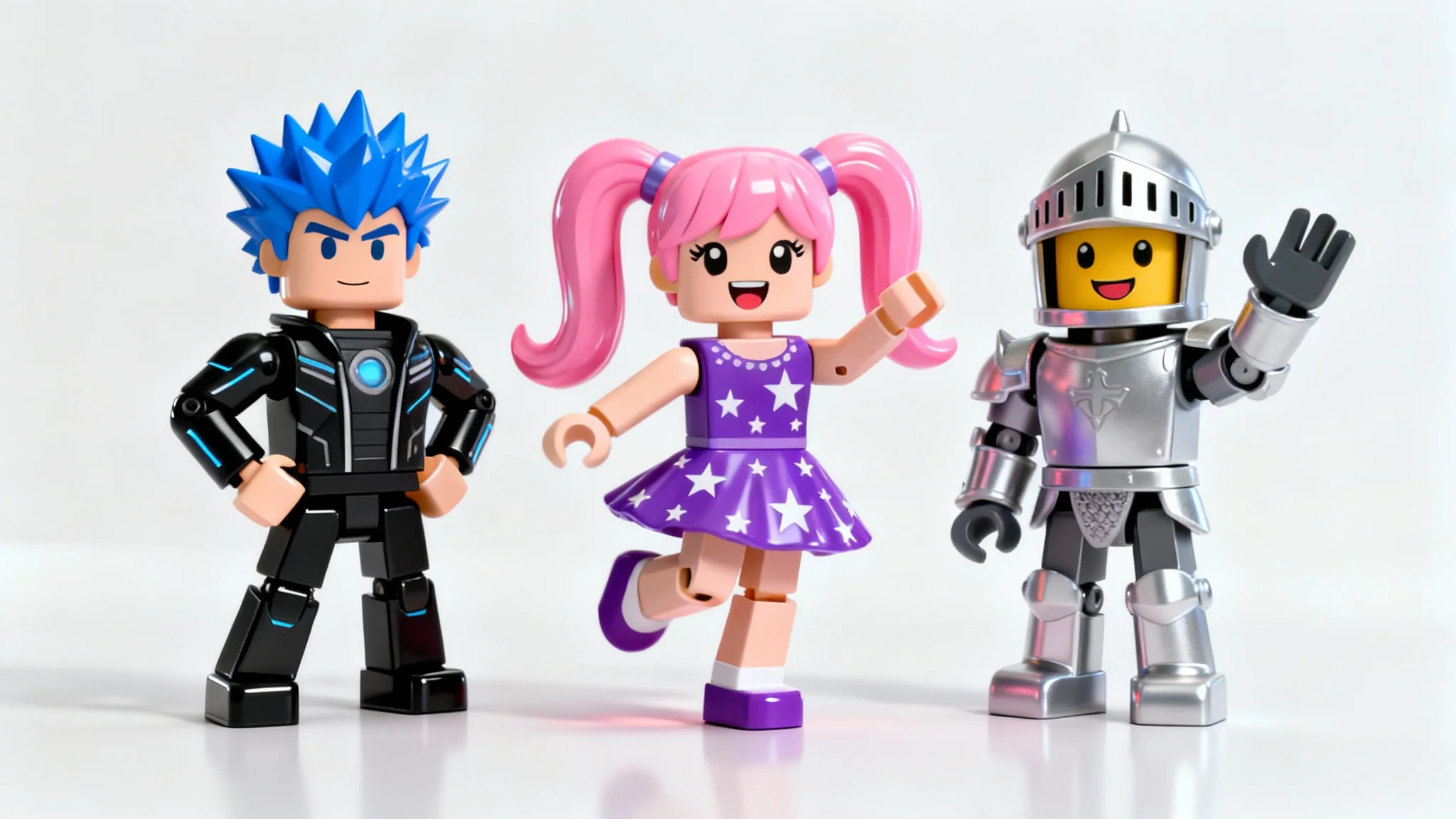 Three colorful, blocky Roblox-style avatars are shown in different dynamic poses against a clean white background, showcasing character posing.