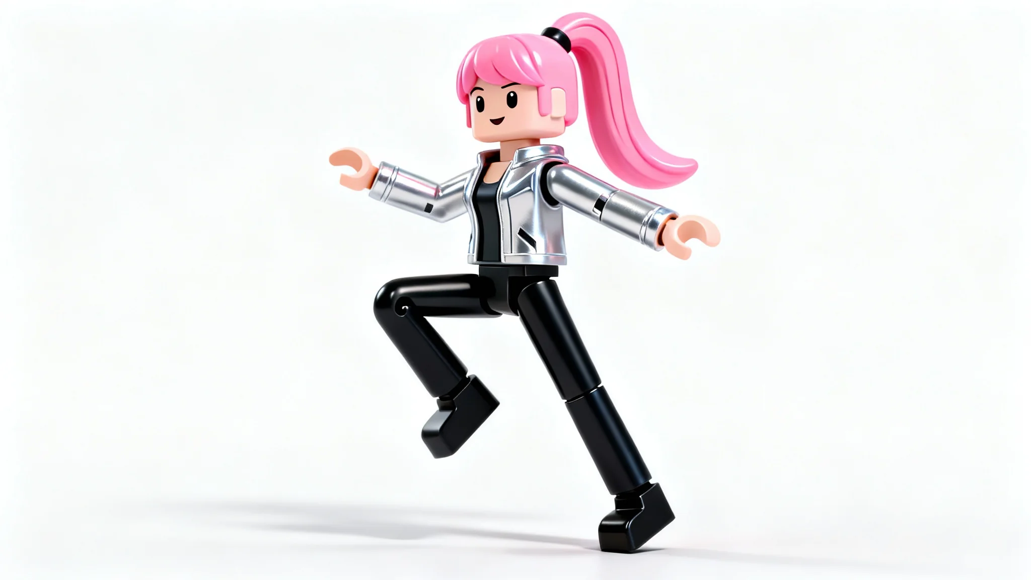 A 3D render of a female Roblox character with pink hair, striking a dynamic dance-like pose on a clean white background.
