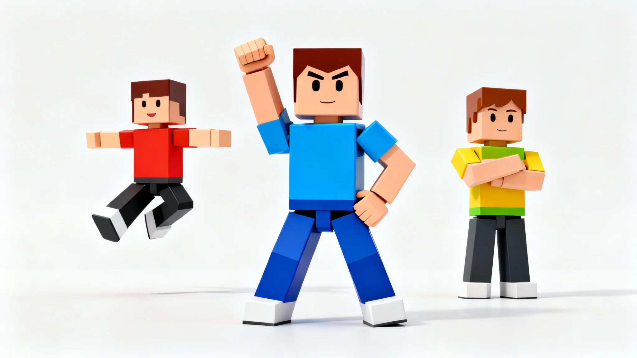 Three 3D-rendered Roblox-style characters striking dynamic poses against a stark white background, showcasing different character stances in a clean, studio setting.