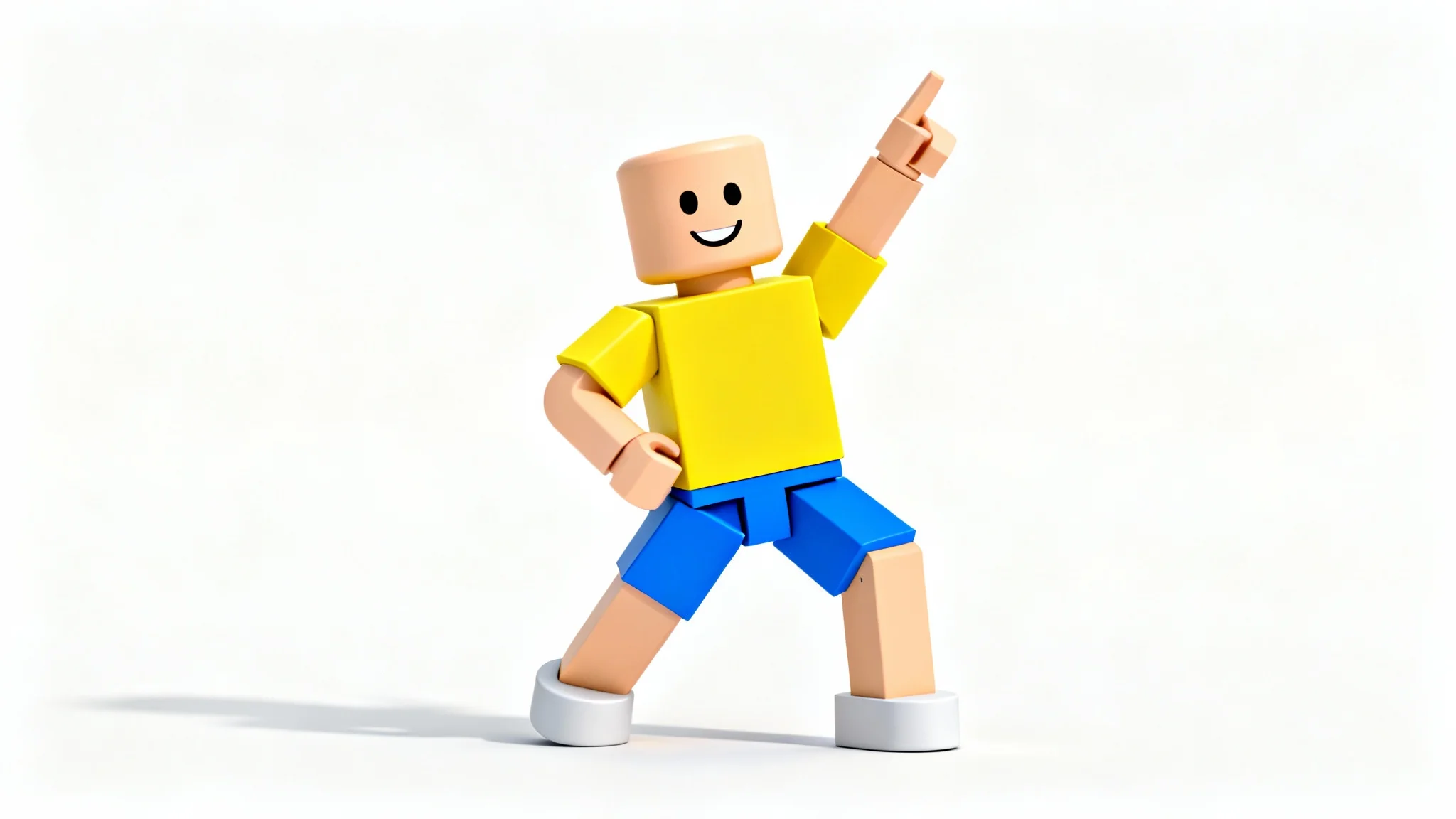 A 3D render of a blocky, Roblox-style character with a yellow shirt and blue shorts, striking a dynamic and energetic pose against a plain white background.