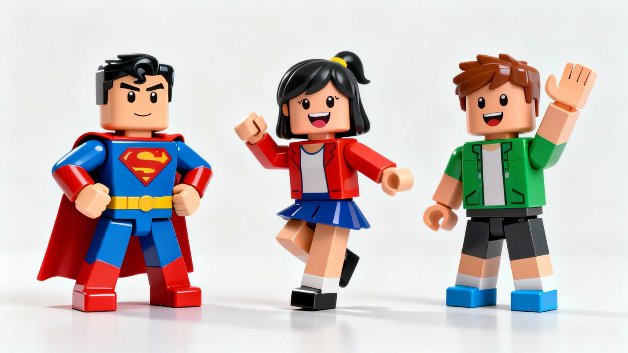 Three colorful, blocky Roblox-style characters in various dynamic poses, a superhero stance, a dance move, and a wave, set against a clean white background.