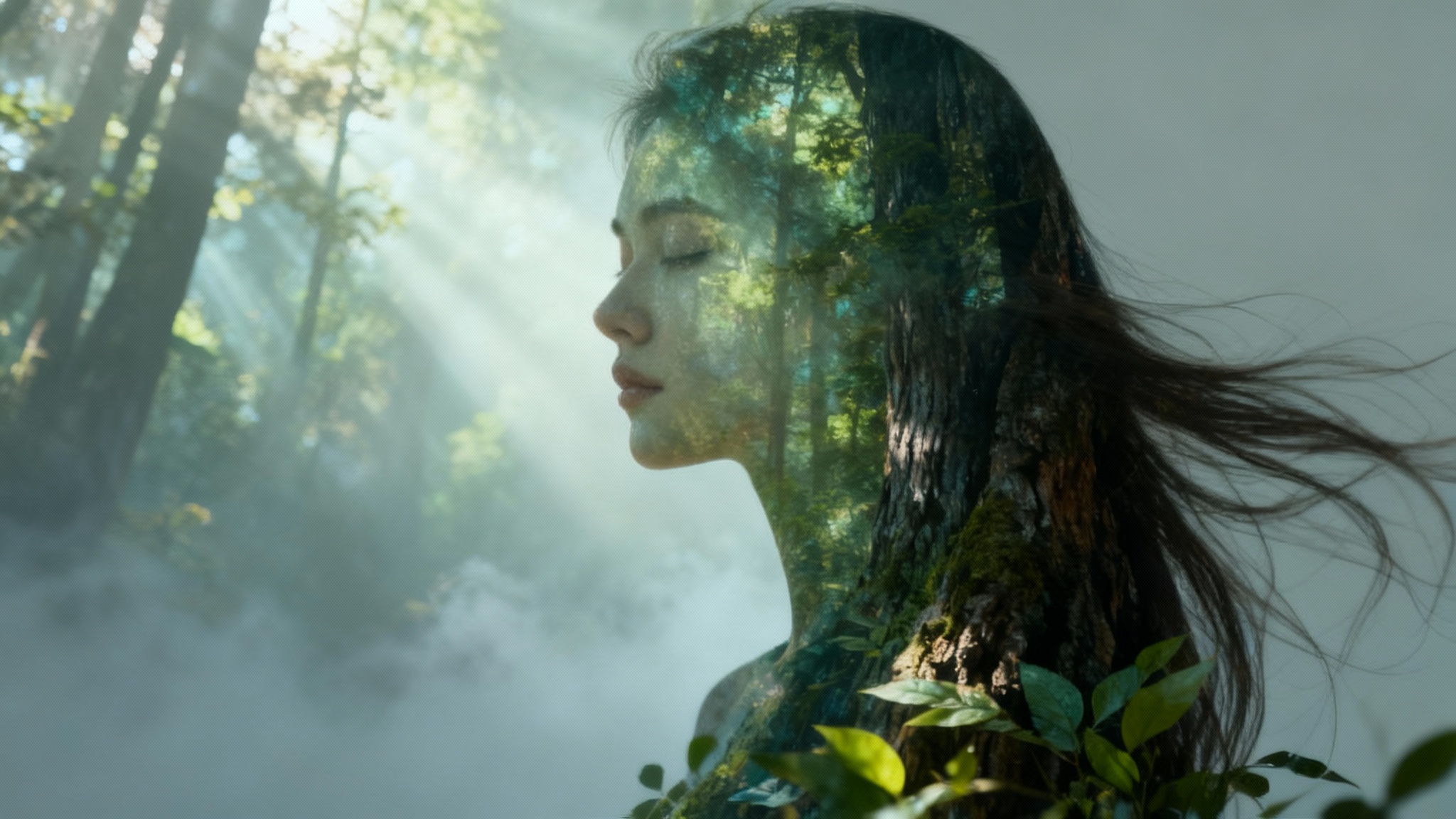 A polished, artistic double exposure portrait showing the final result from a design tool. The silhouette of a woman's face in profile is filled with a detailed image of a lush forest, with sunbeams filtering through the trees, creating a dreamlike and ethereal effect against a clean background.
