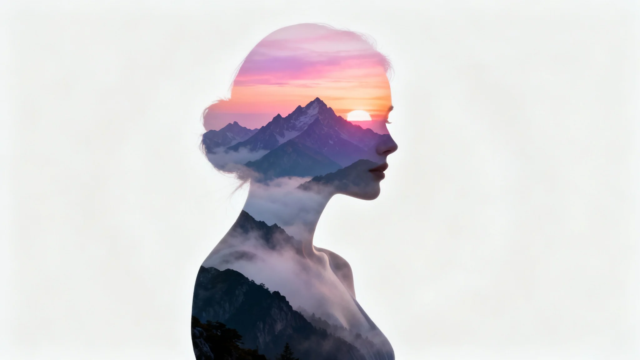An artistic double exposure image showing a woman's profile silhouette filled with a vibrant, misty mountain landscape at sunrise, all set against a stark white background.