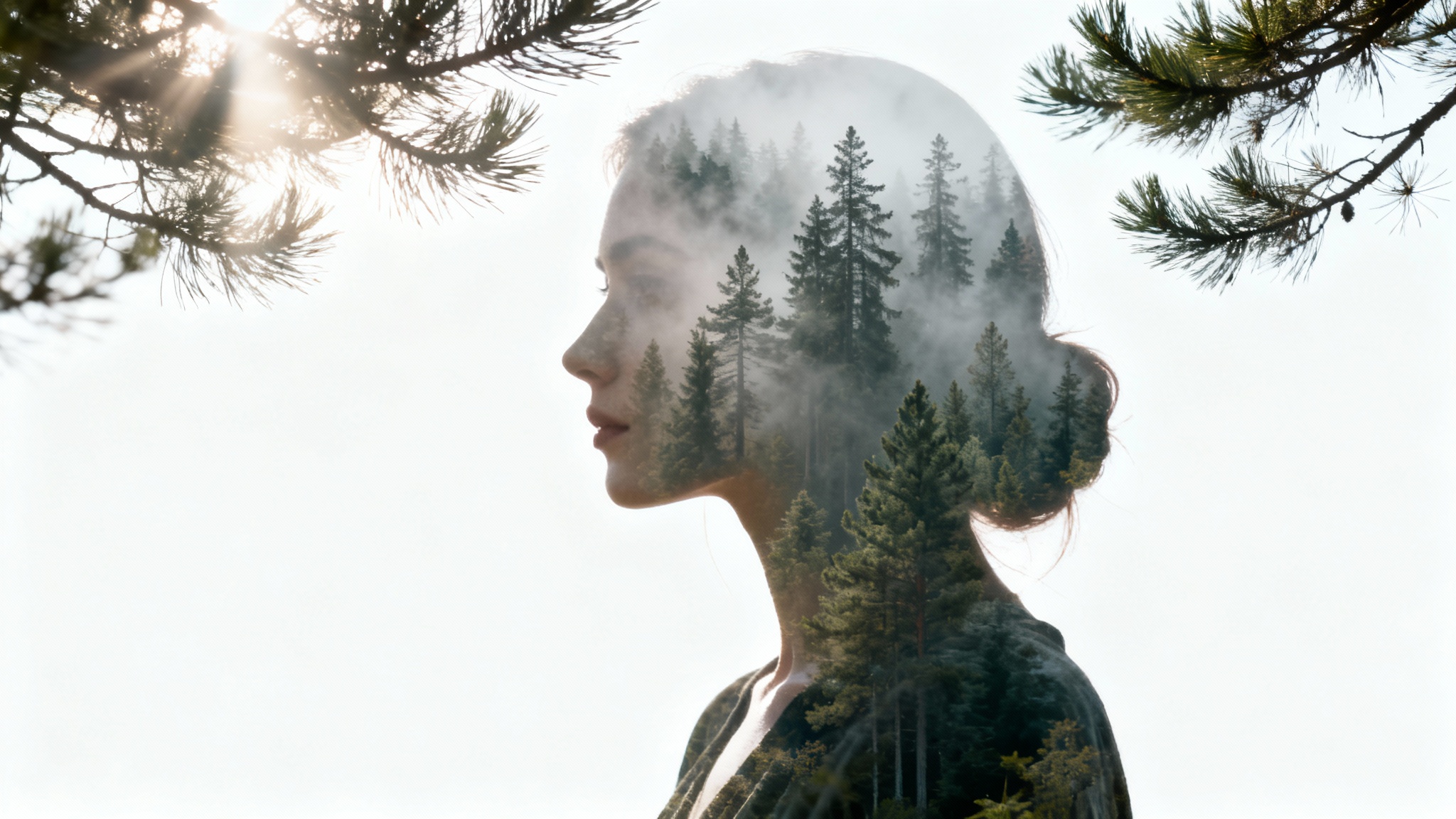 A creative double exposure portrait of a woman's silhouette merged with a dense forest landscape, set against a stark white background.