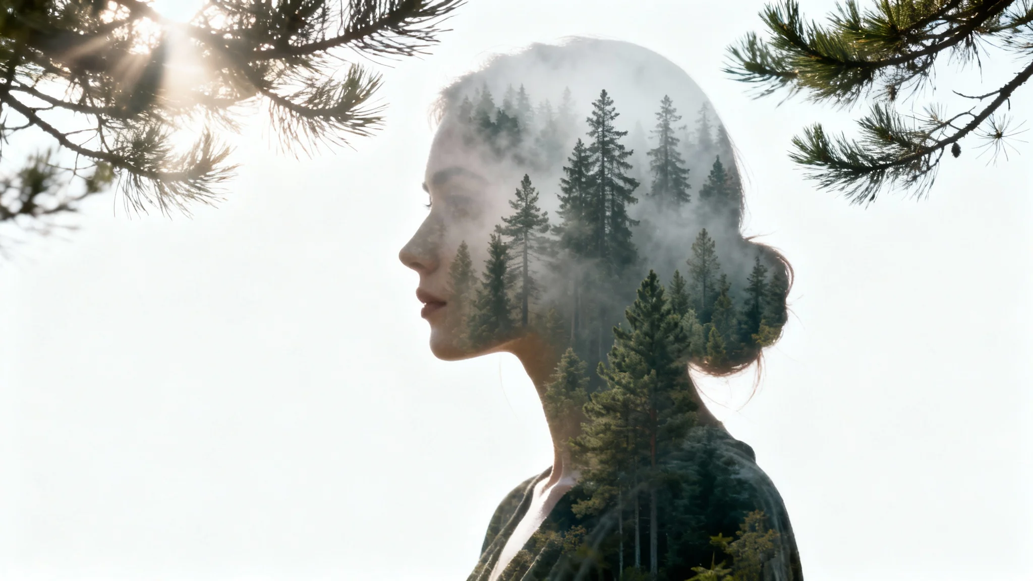 A creative double exposure portrait of a woman's silhouette merged with a dense forest landscape, set against a stark white background.