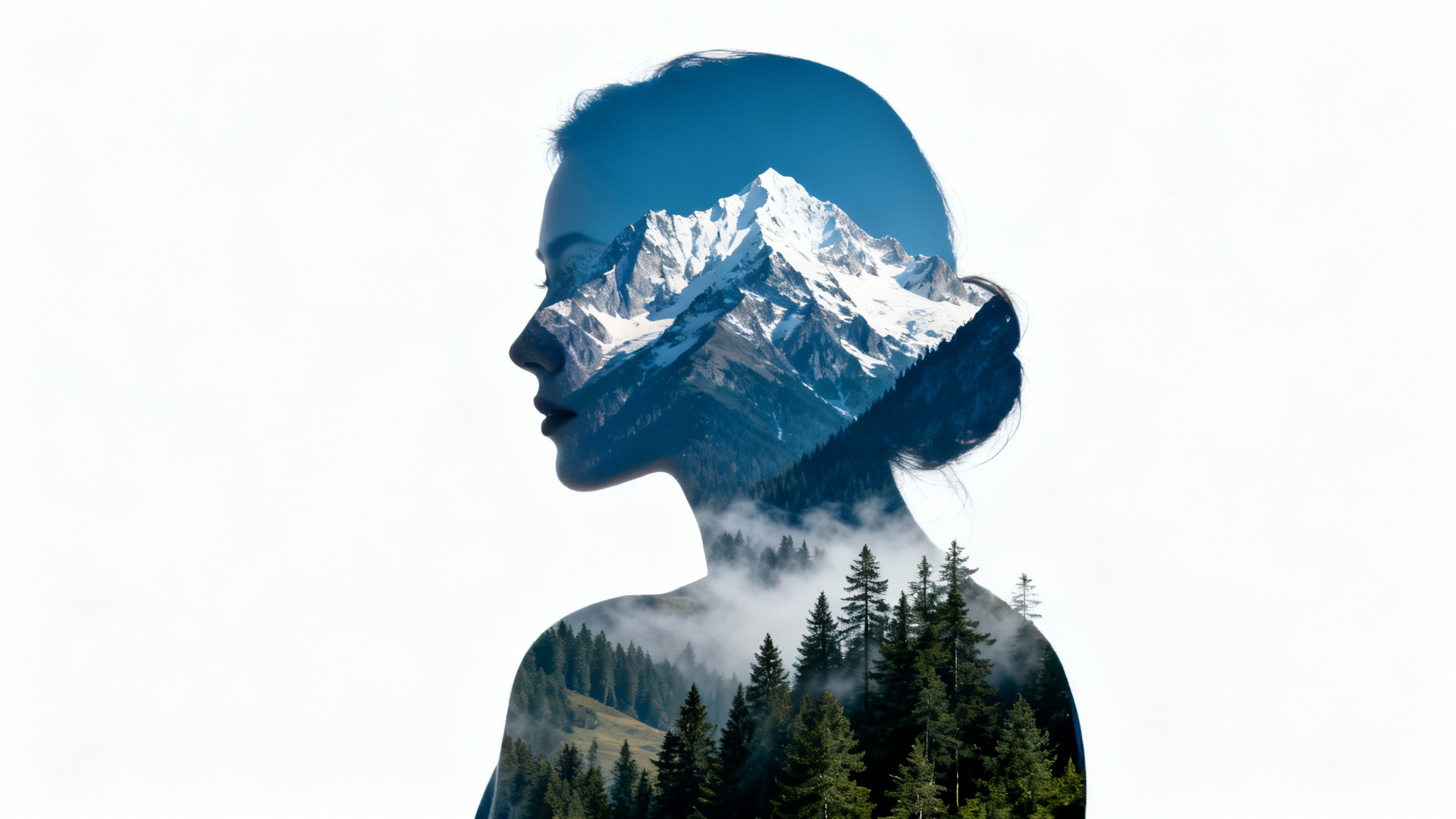 An artistic double exposure portrait showing a woman's silhouette filled with a serene mountain and forest landscape, set against a stark white background.
