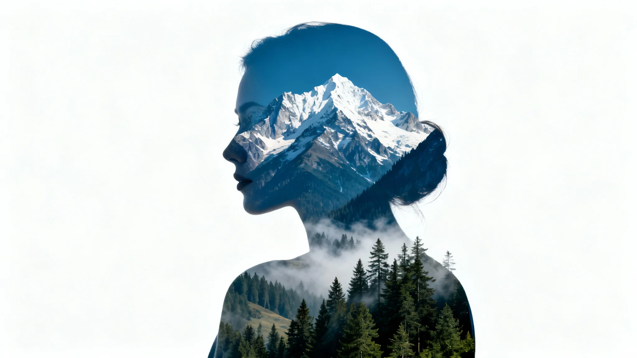 An artistic double exposure portrait showing a woman's silhouette filled with a serene mountain and forest landscape, set against a stark white background.