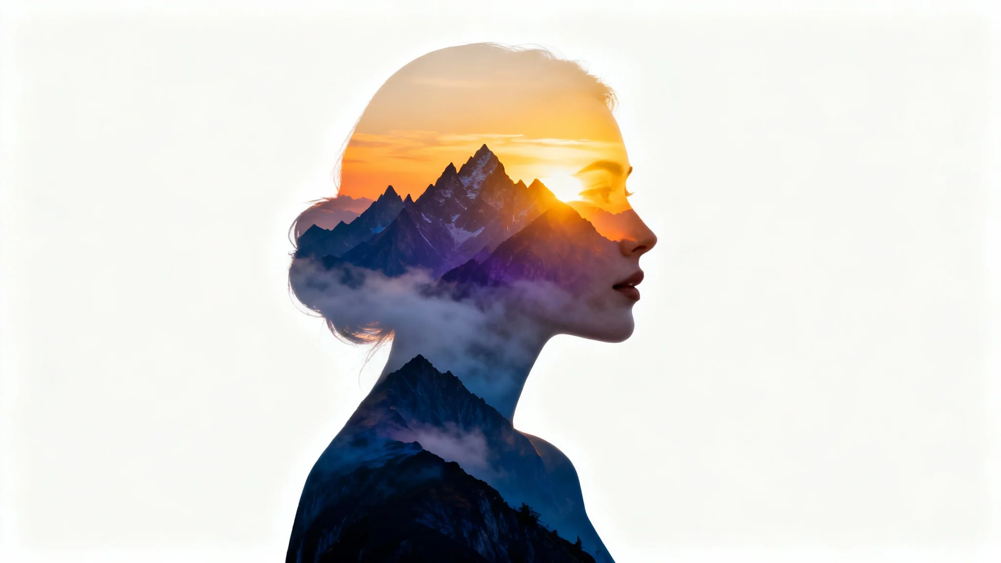 An artistic double exposure portrait of a woman's profile filled with a scenic view of a mountain range at sunrise, set against a plain white background.