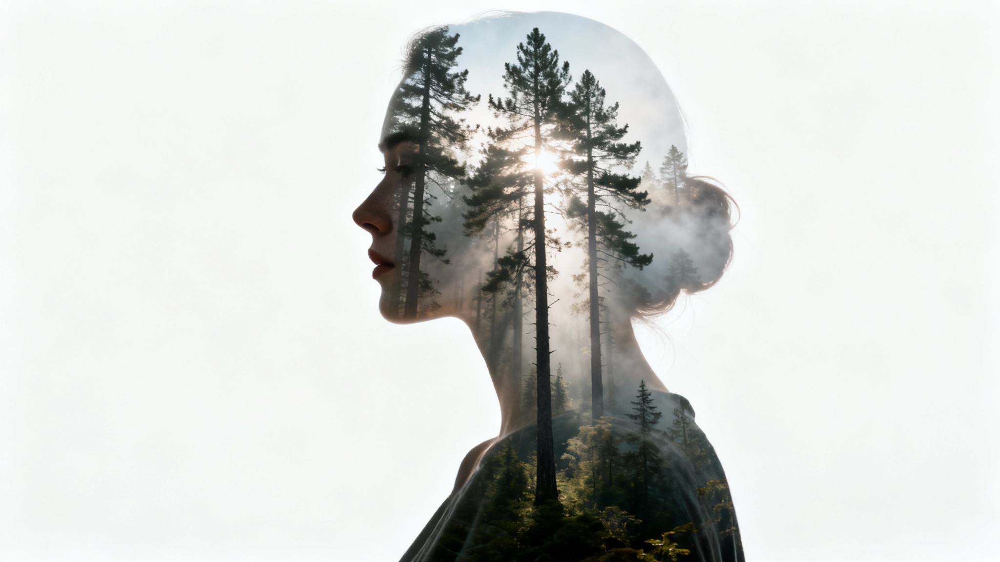 An artistic double exposure portrait showing the silhouette of a woman filled with a serene, misty forest scene, set against a plain white background.