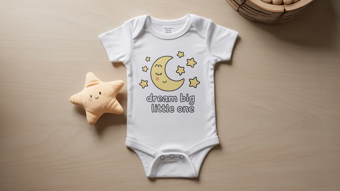 A professional flat lay mockup of a white baby onesie with a design of a sleepy moon and stars, and the text 'Dream Big Little One', placed on a light wooden background.