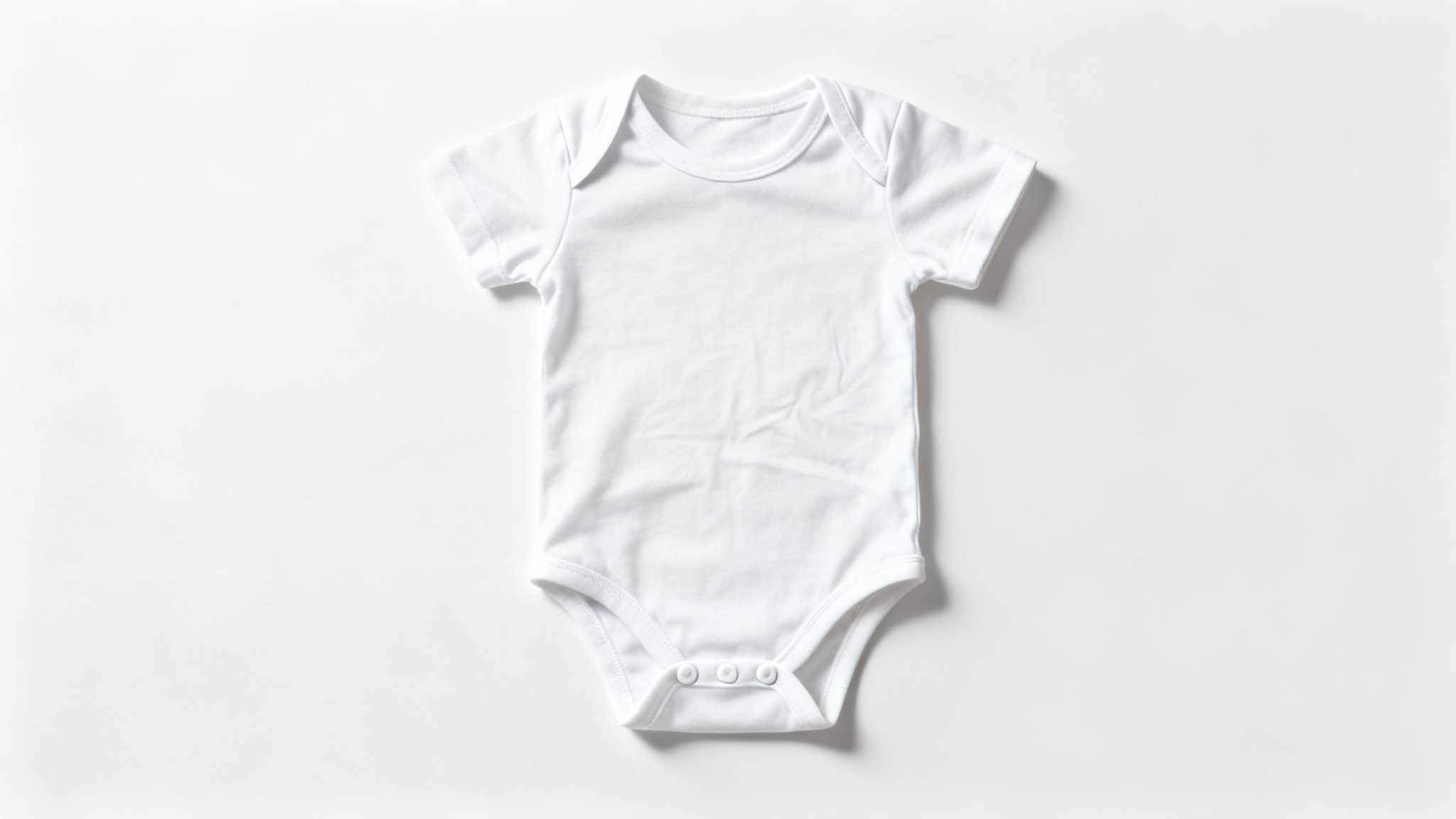 A photorealistic mockup of a blank white baby onesie laid flat on a clean white background, ready for a custom design.