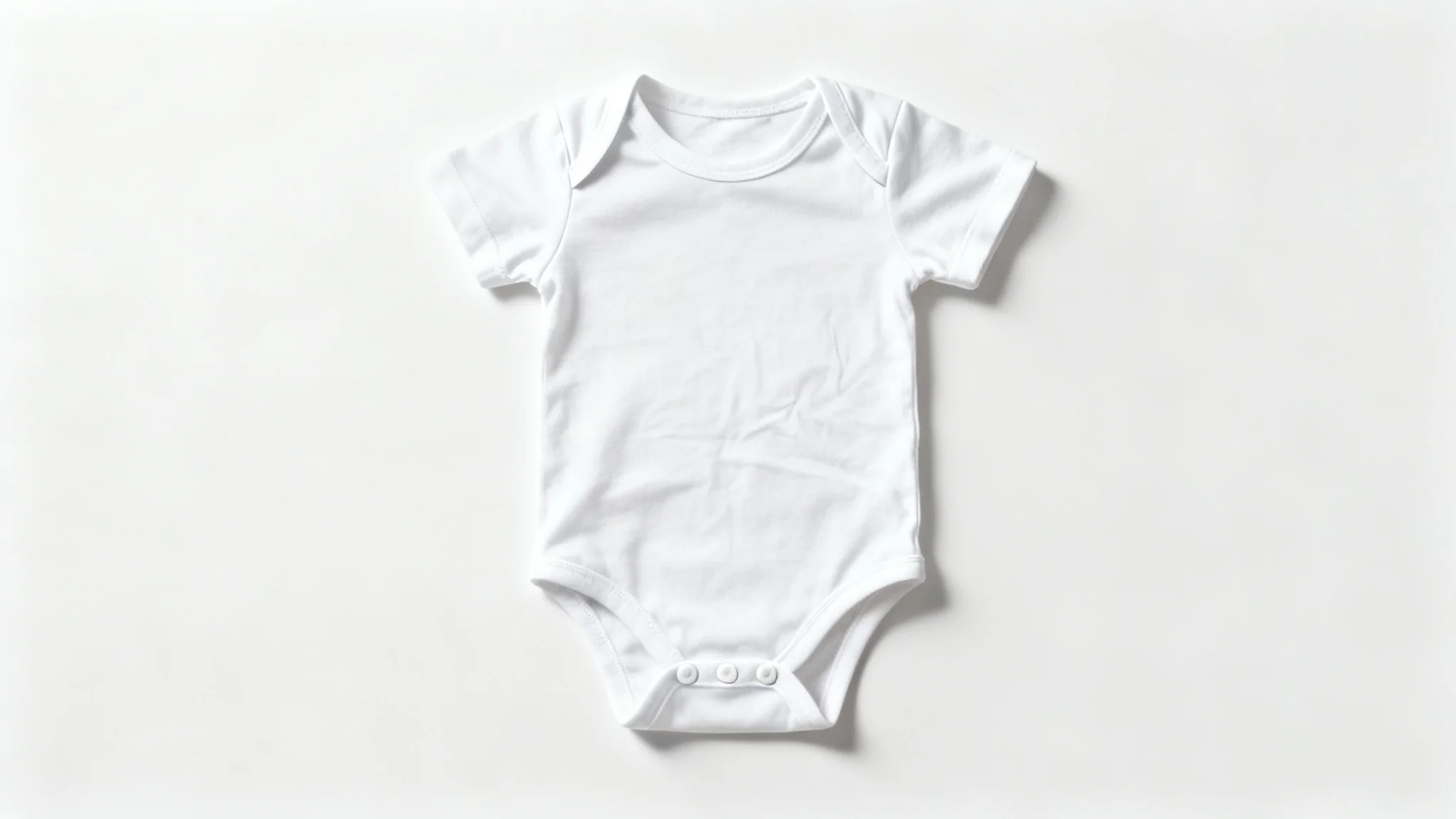 A photorealistic mockup of a blank white baby onesie laid flat on a clean white background, ready for a custom design.