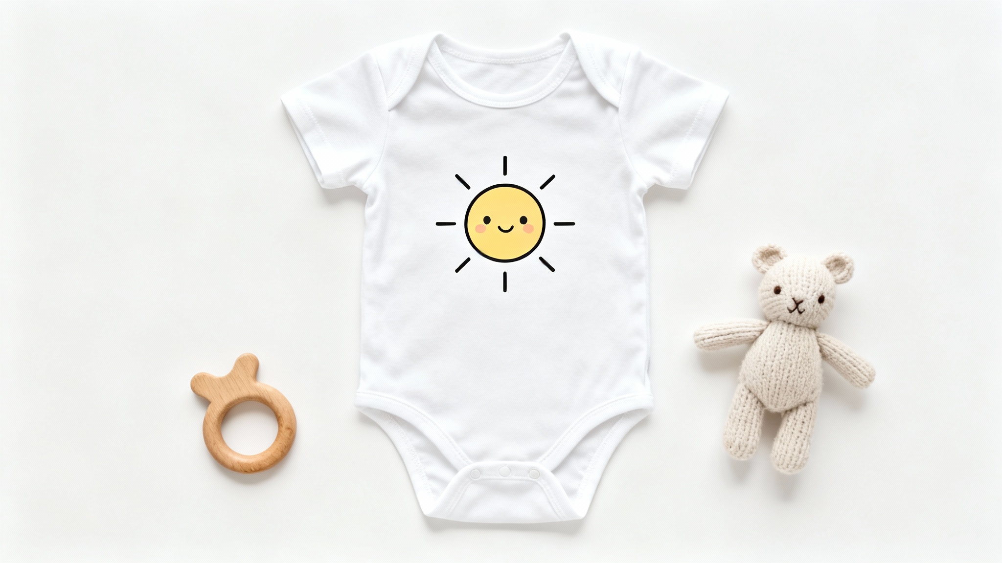 A top-down view of a white baby onesie mockup laid flat on a white background, featuring a cute sun graphic and surrounded by baby accessories.