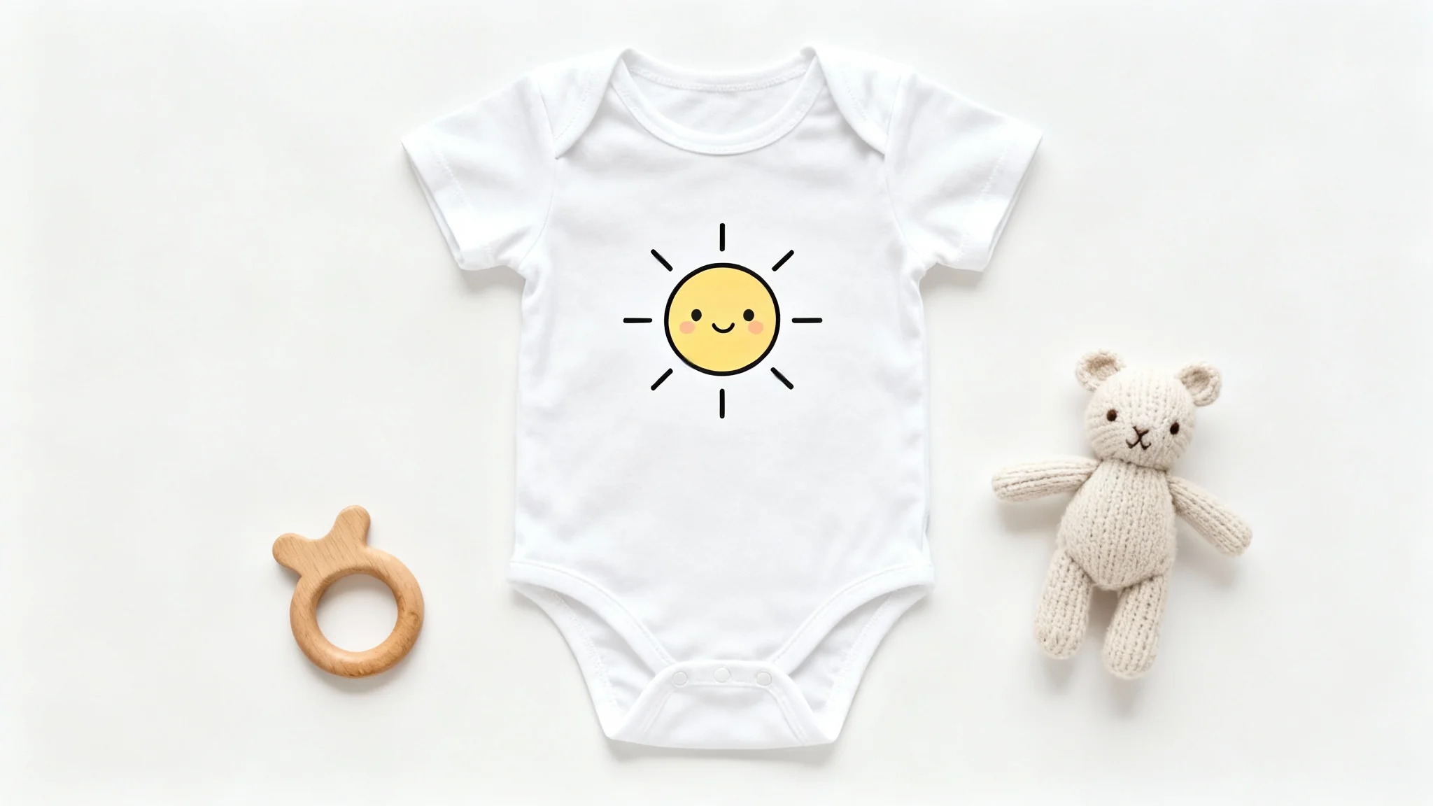 A top-down view of a white baby onesie mockup laid flat on a white background, featuring a cute sun graphic and surrounded by baby accessories.