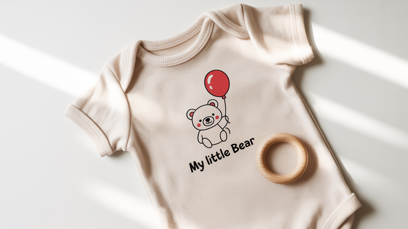 A flat lay product mockup of a white baby onesie on a white background, featuring a cute cartoon bear with a balloon and the text 'My Little Bear'.