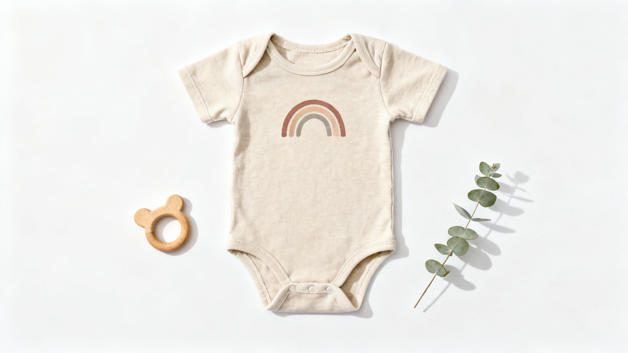 A flat-lay product mockup of a soft, beige baby onesie with a minimalist rainbow design, placed on a white background with a wooden teether and a eucalyptus leaf.