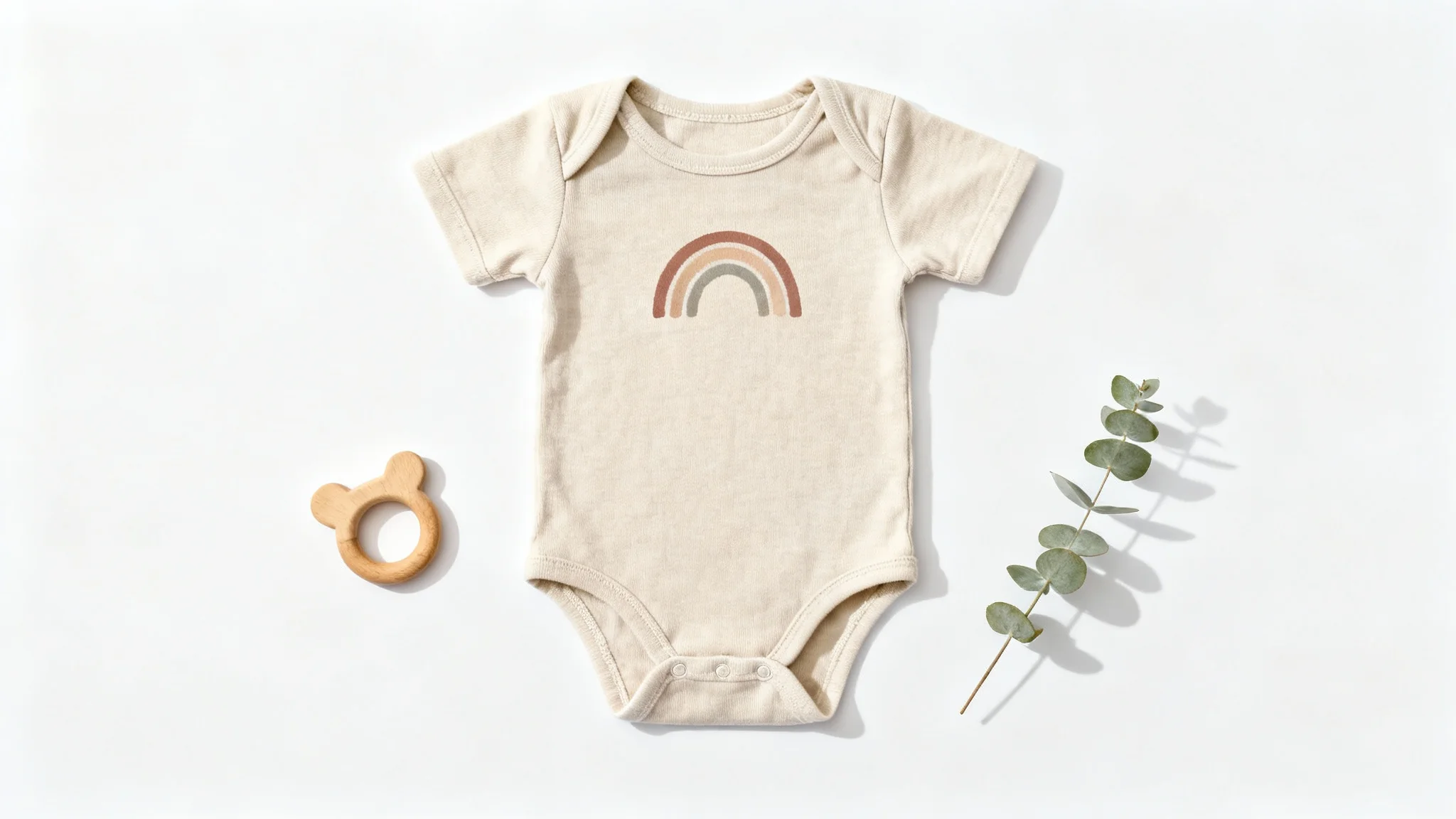 A flat-lay product mockup of a soft, beige baby onesie with a minimalist rainbow design, placed on a white background with a wooden teether and a eucalyptus leaf.