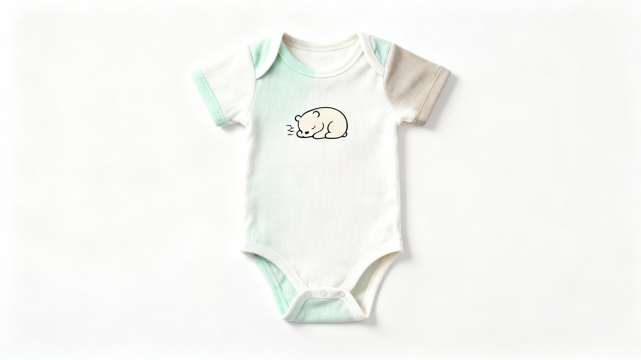A top-down view of a soft, off-white baby onesie laid flat on a white background, featuring a minimalist graphic of a sleeping bear cub.