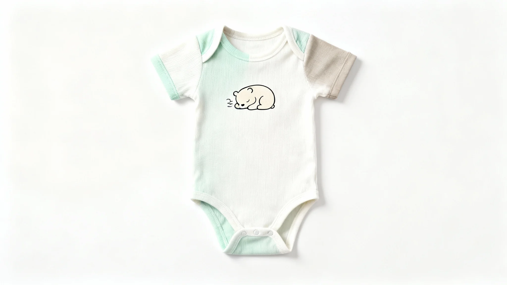 A top-down view of a soft, off-white baby onesie laid flat on a white background, featuring a minimalist graphic of a sleeping bear cub.