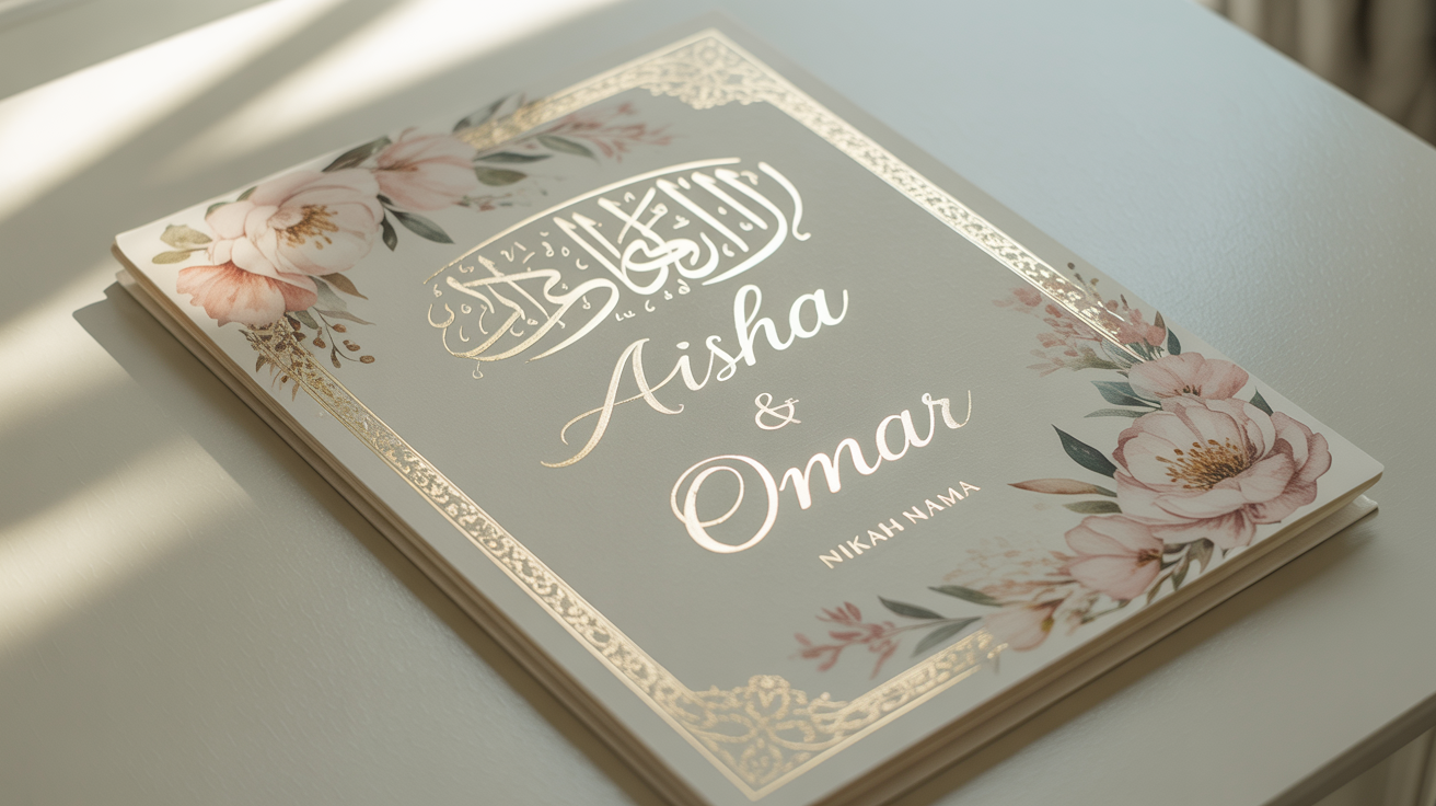 An elegant Nikah Nama, an Islamic marriage certificate, for 'Aisha & Omar'. The design features beautiful gold script, Arabic calligraphy, and delicate watercolor florals in pastel colors, presented on a clean background.