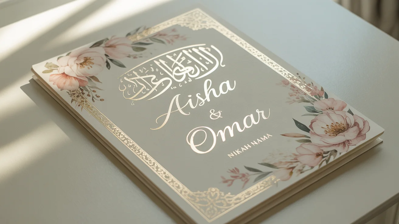 An elegant Nikah Nama, an Islamic marriage certificate, for 'Aisha & Omar'. The design features beautiful gold script, Arabic calligraphy, and delicate watercolor florals in pastel colors, presented on a clean background.