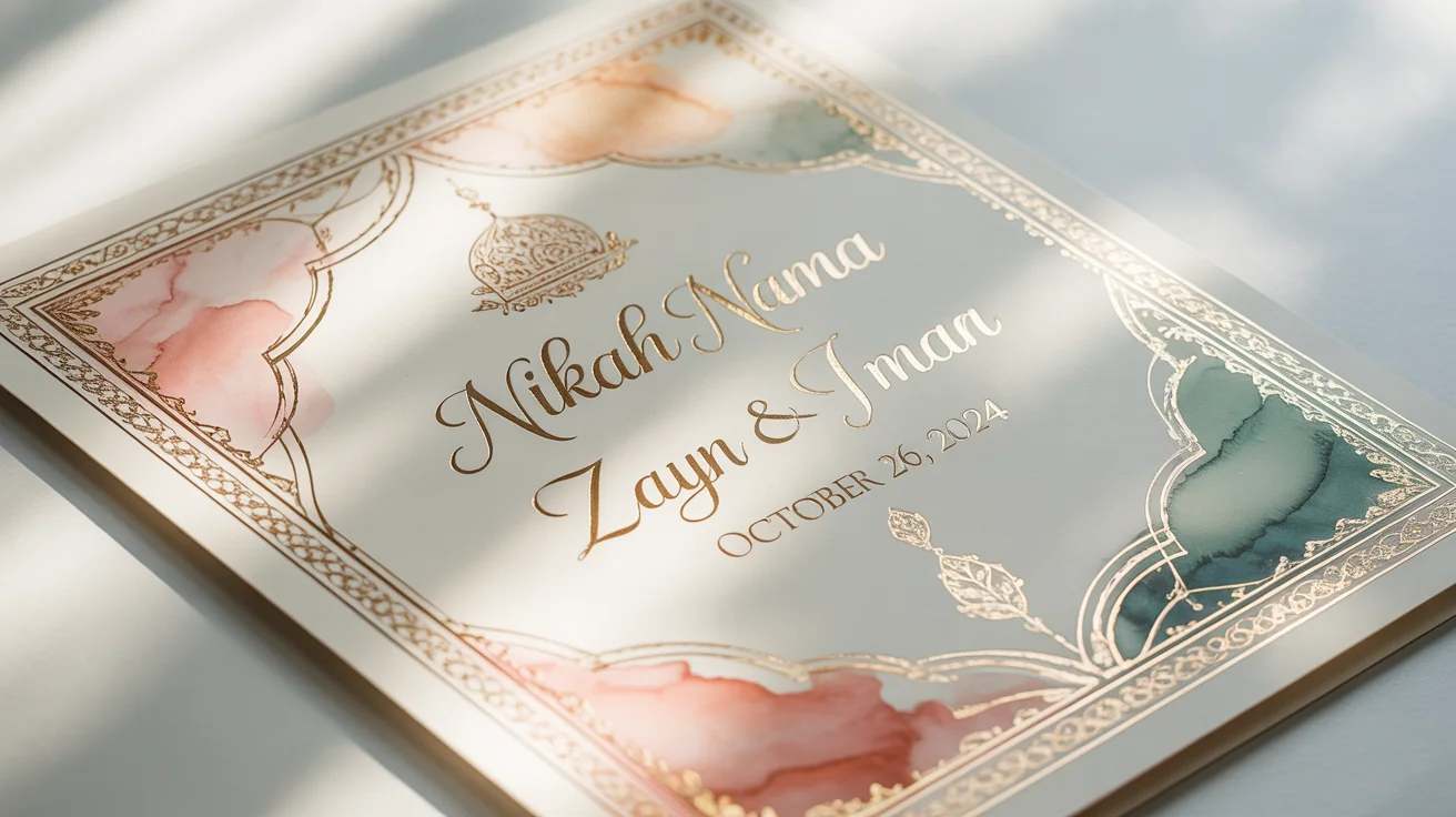 An elegant Nikah Nama, an Islamic marriage certificate, featuring beautiful floral watercolors, gold foil details, and calligraphy, presented on a clean white background.