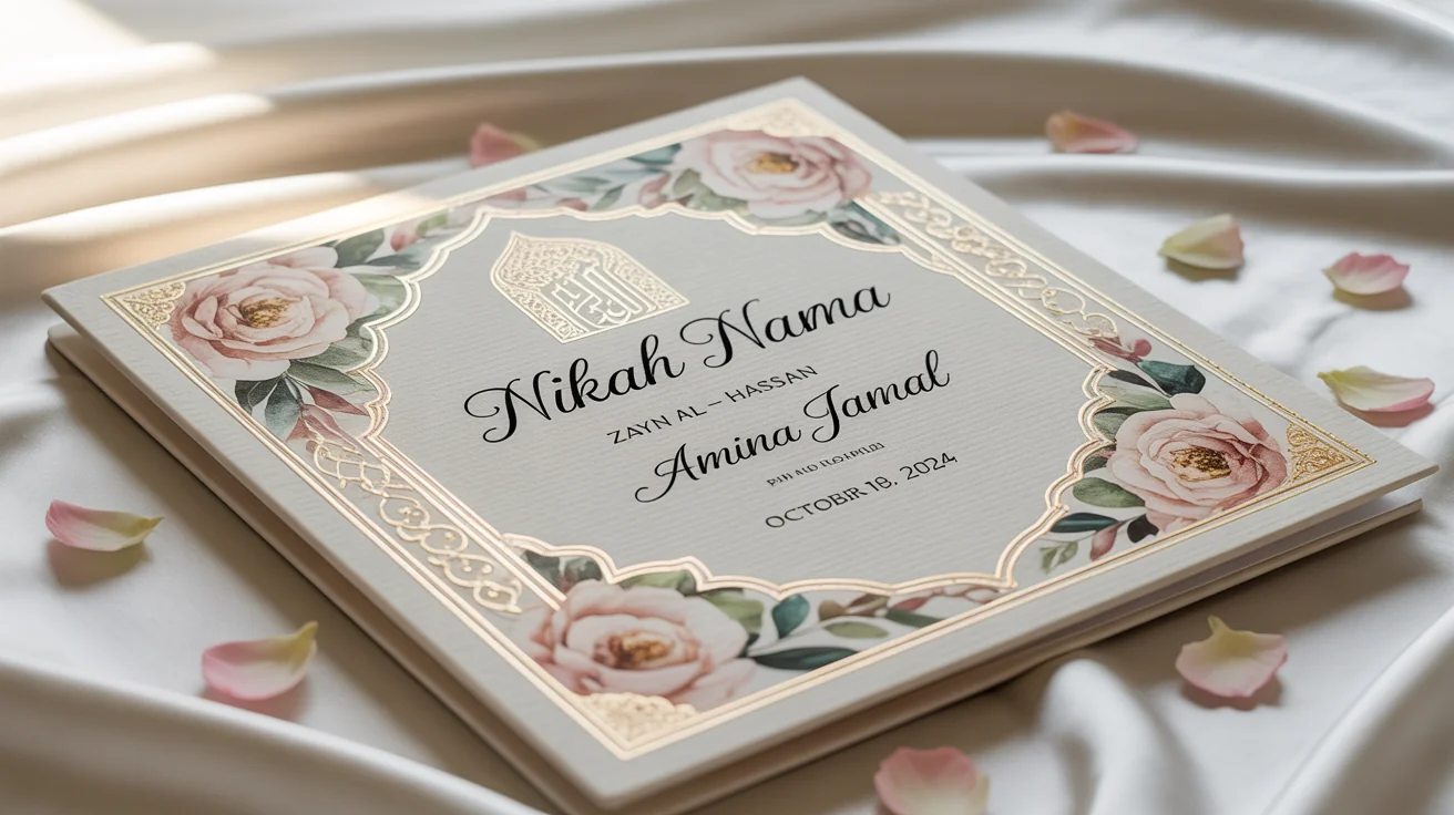An elegant Nikah Nama, the Islamic marriage certificate, featuring beautiful floral watercolor art, gold foil details, and calligraphy, presented as a product mockup on a plain white background.