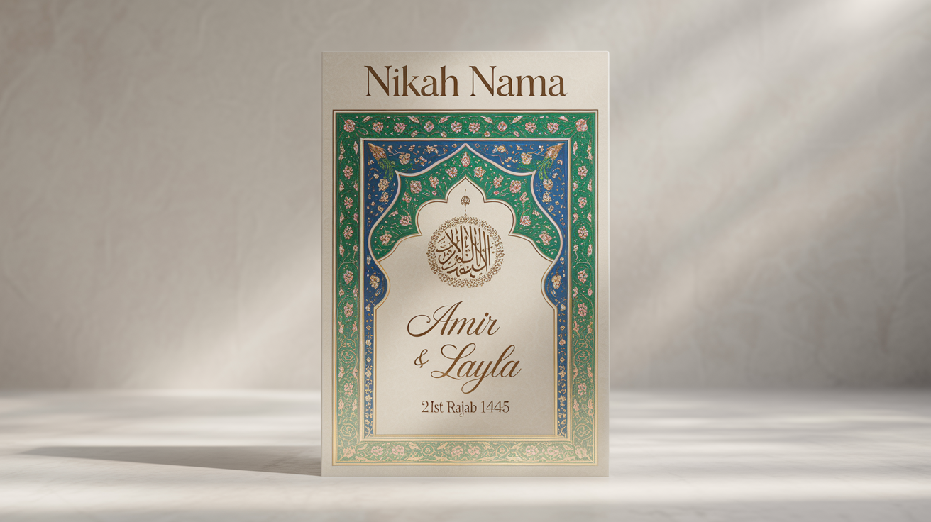 An elegant mockup of a Nikah Nama, the Islamic marriage certificate, decorated with intricate blue, green, and gold floral patterns and Arabic calligraphy on a white surface.