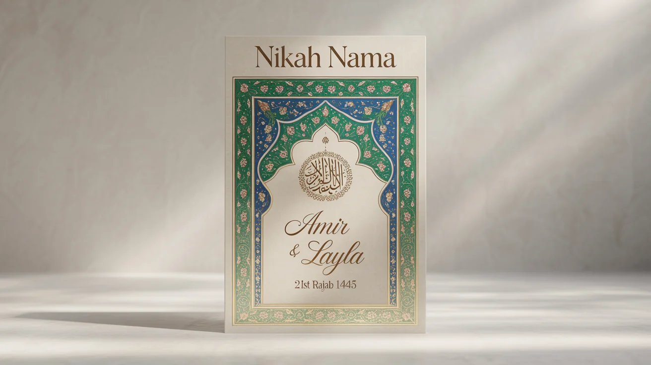 An elegant mockup of a Nikah Nama, the Islamic marriage certificate, decorated with intricate blue, green, and gold floral patterns and Arabic calligraphy on a white surface.