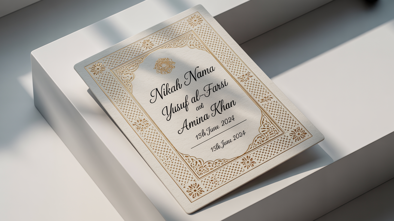 An elegant mockup of a Nikah Nama (Islamic marriage certificate) with intricate gold foil, green, and burgundy designs on a white background. The certificate is personalized with fictional names and a date.