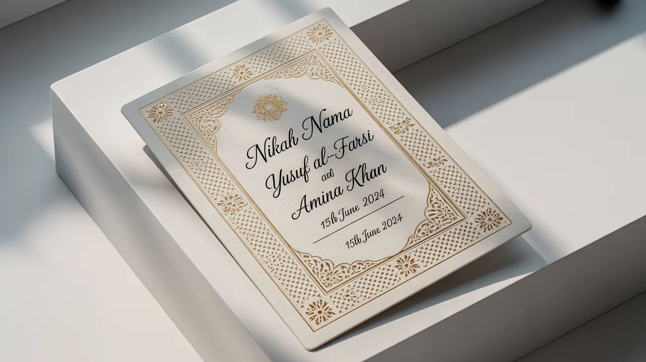 An elegant mockup of a Nikah Nama (Islamic marriage certificate) with intricate gold foil, green, and burgundy designs on a white background. The certificate is personalized with fictional names and a date.