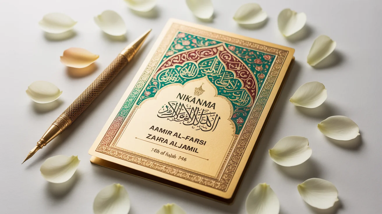 An ornate and elegant Nikah Nama (Islamic marriage certificate) mockup displayed on a white background, featuring intricate gold foil, green, and red Islamic patterns and beautiful calligraphy.