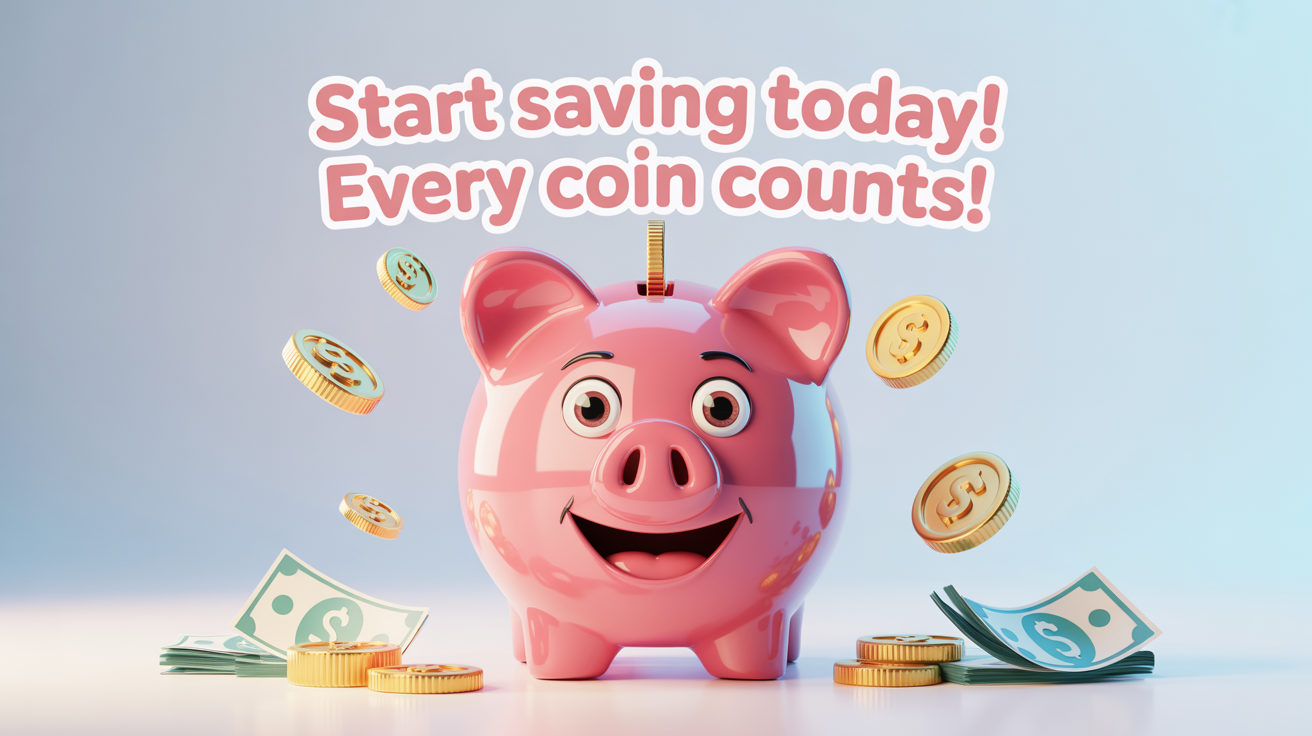 A colorful illustration of a smiling pink piggy bank surrounded by coins and dollar bills, with the text 'Start saving today! Every coin counts!' displayed above it.