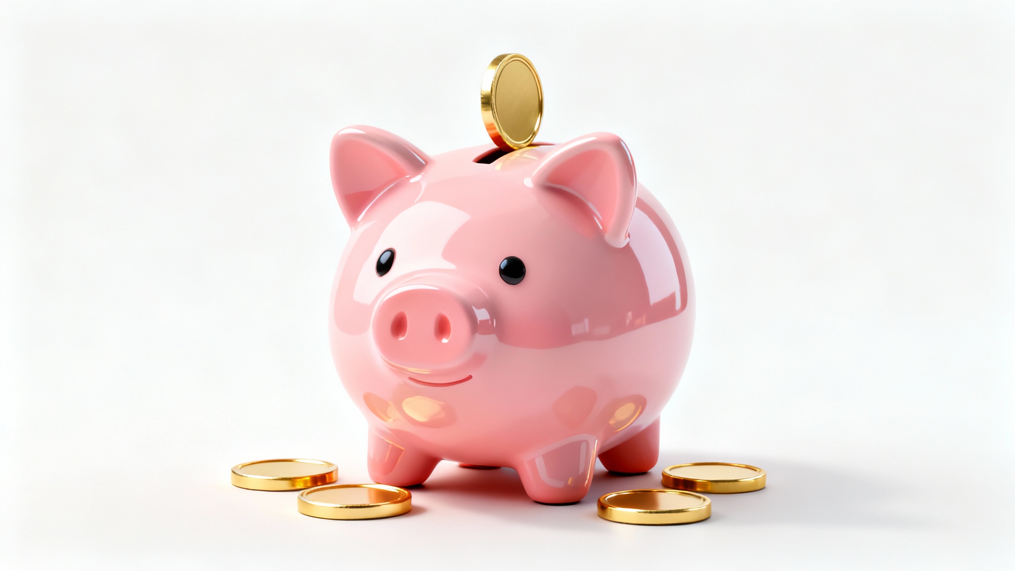 A cute, pink ceramic piggy bank illustration in a 3D icon style, with gold coins around it, set against a white background.