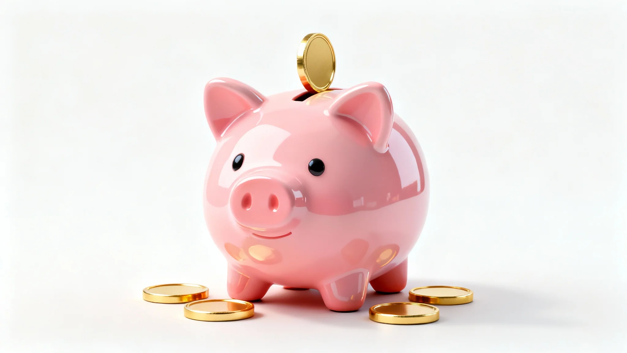 A cute, pink ceramic piggy bank illustration in a 3D icon style, with gold coins around it, set against a white background.