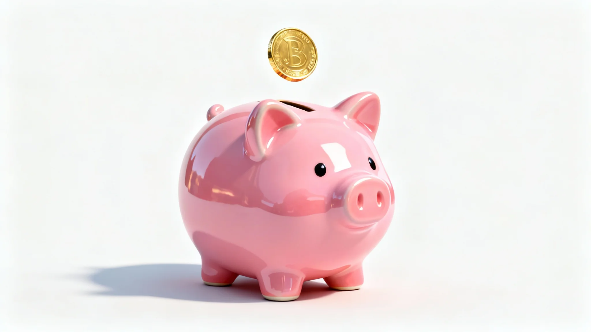 A 3D illustration of a glossy pink piggy bank on a white background, with a shiny gold coin about to be inserted into its slot, symbolizing saving money.