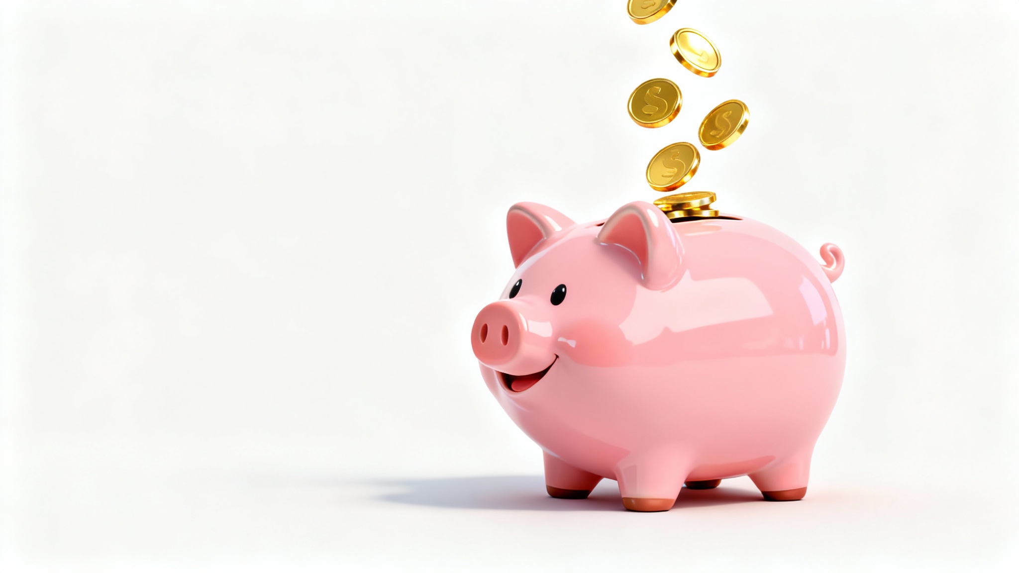 A minimalist 3D illustration of a glossy pink piggy bank on a white background, with shiny gold coins falling into it.