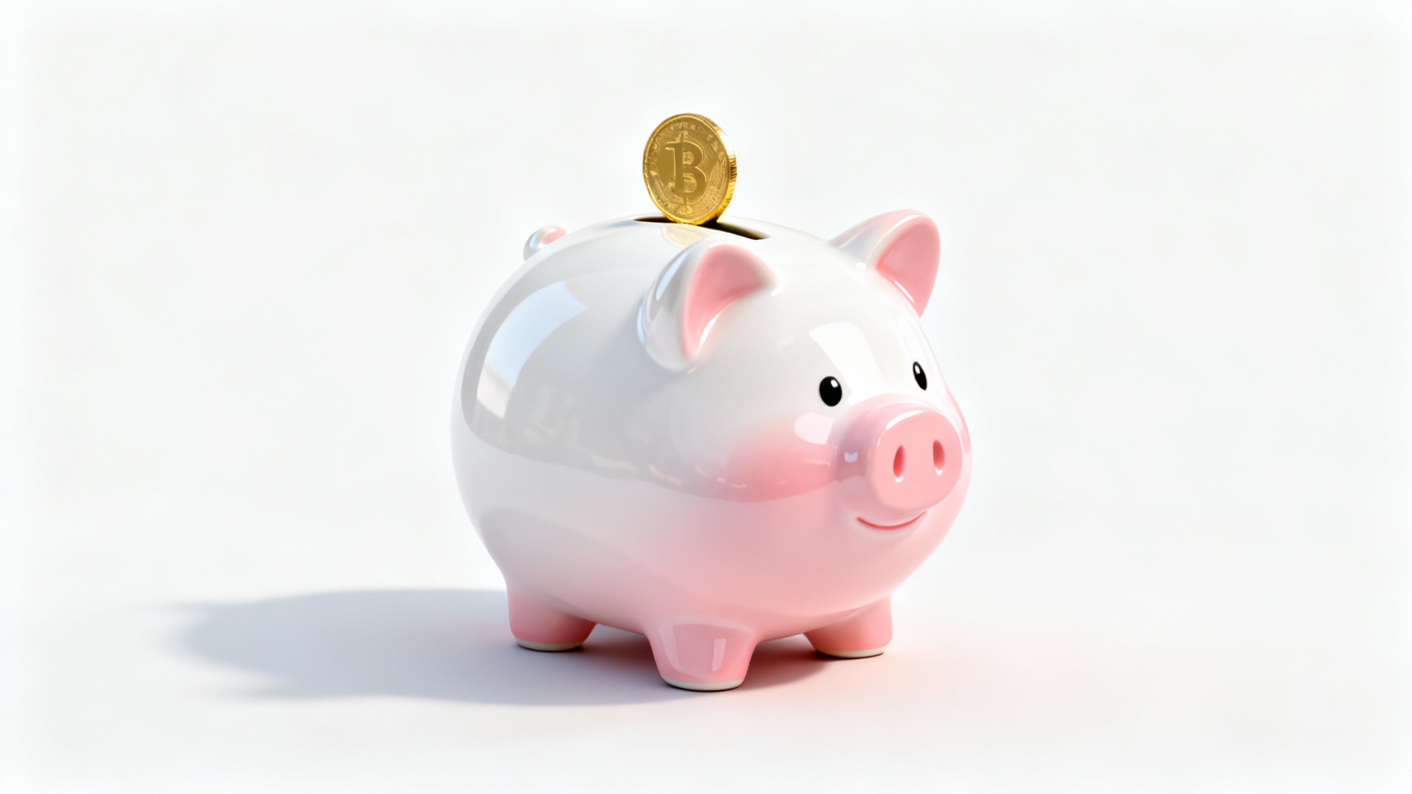 A modern 3D illustration of a glossy pink piggy bank on a white background, with a single gold coin being inserted into its slot, symbolizing saving money.