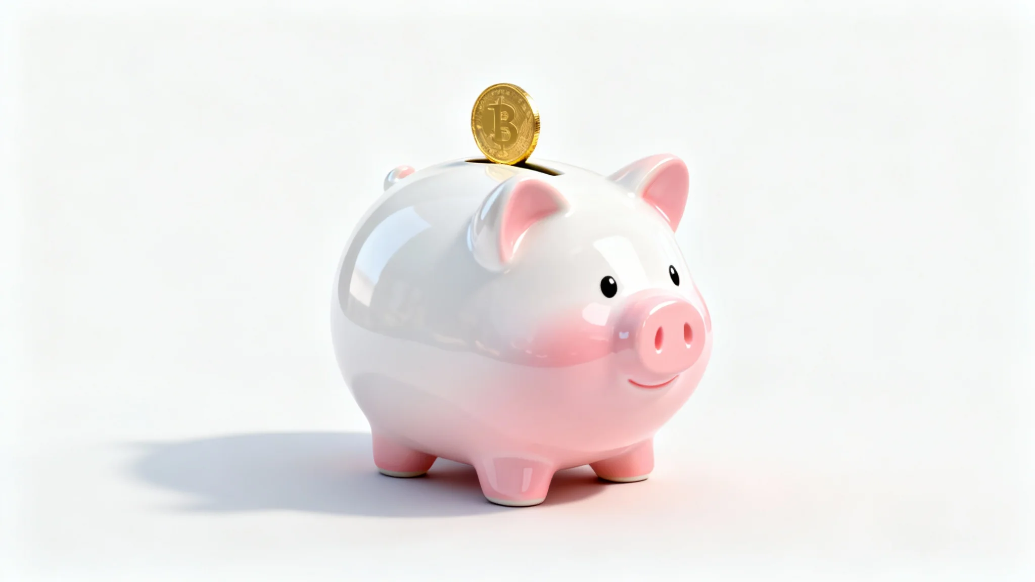 A modern 3D illustration of a glossy pink piggy bank on a white background, with a single gold coin being inserted into its slot, symbolizing saving money.