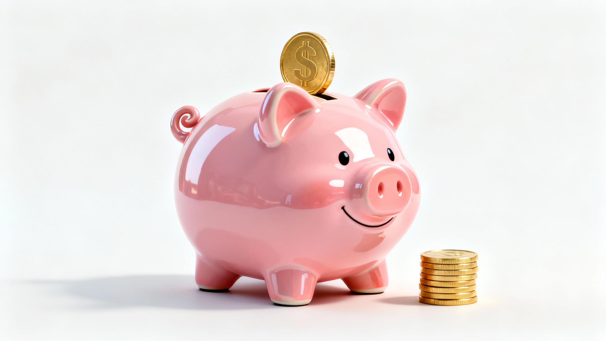 A cute 3D illustration of a pink piggy bank with a gold coin going into its slot, symbolizing saving money.
