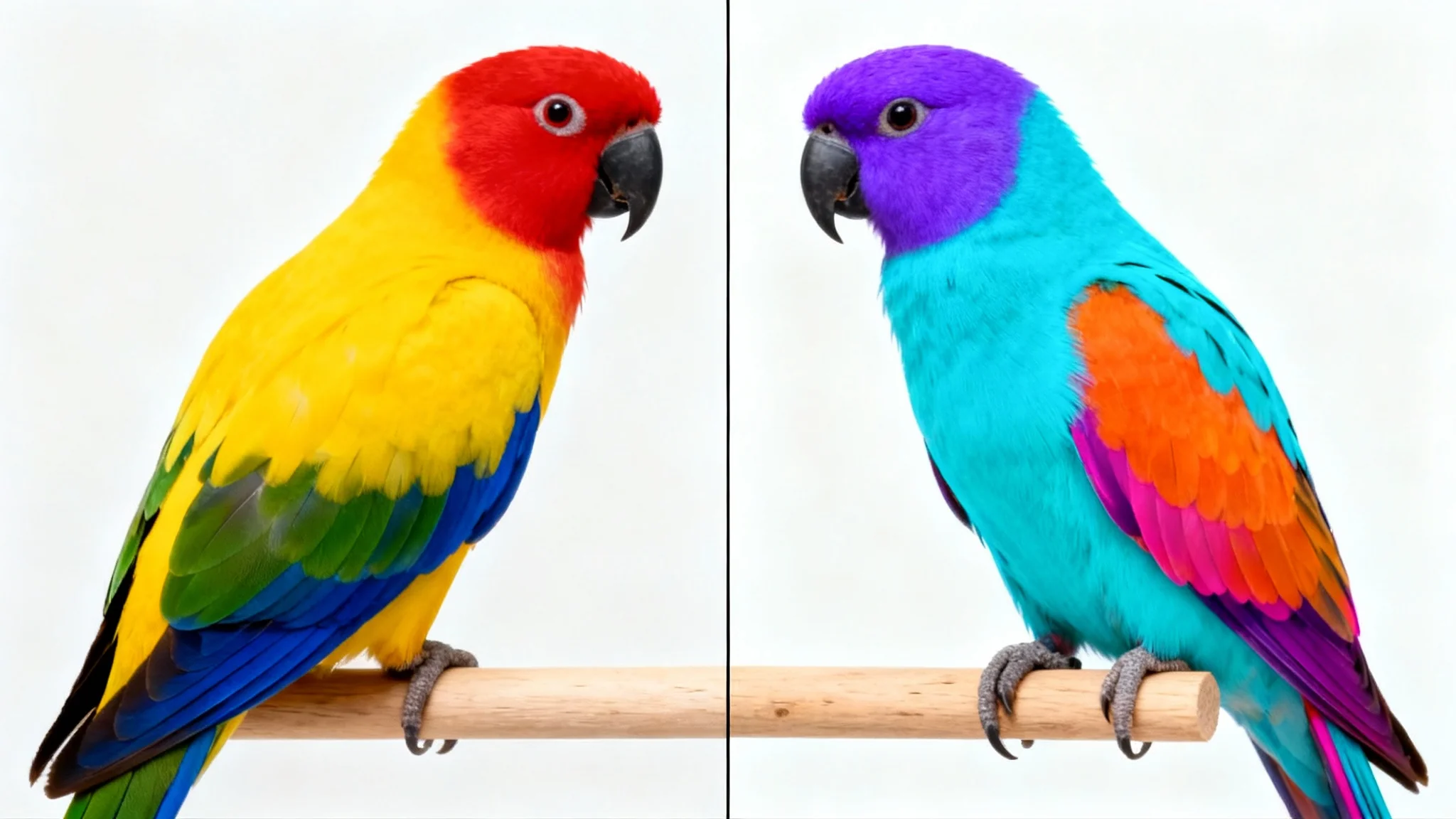 A photorealistic image of a parrot demonstrating a hue shift. The image is split in half; the left side shows the parrot in its natural red, yellow, and blue colors, while the right side shows the same parrot in shifted colors of purple, cyan, and orange.